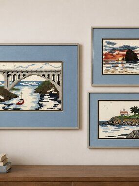 3 Framed Prints Blue Needlepoint Water pictures, Boating Bridge Lighthouse